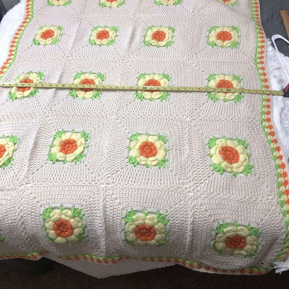 Crochet Afghan Blanket 3D Rose Throw Handmade Granny Square 70s Decor 42” x 68”